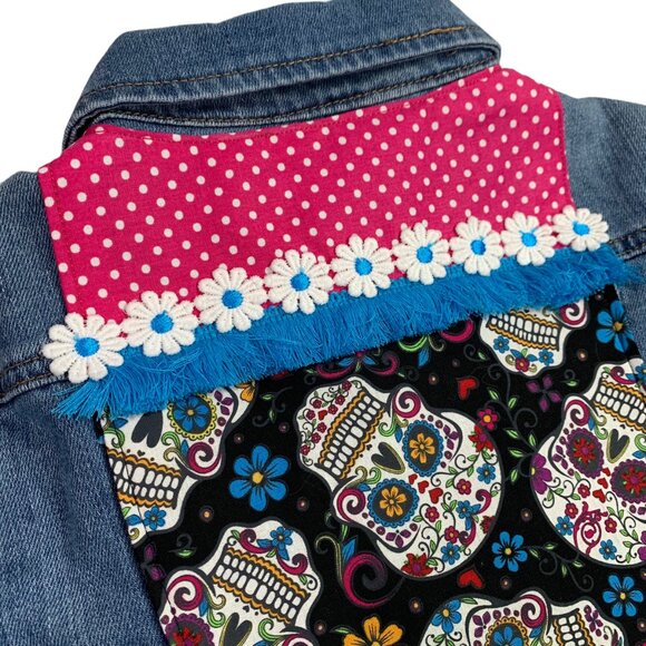 Tractor Denim Jacket Sugar Skull Jean Pink Black Day Dead Trucker Girls Large - Picture 9 of 11